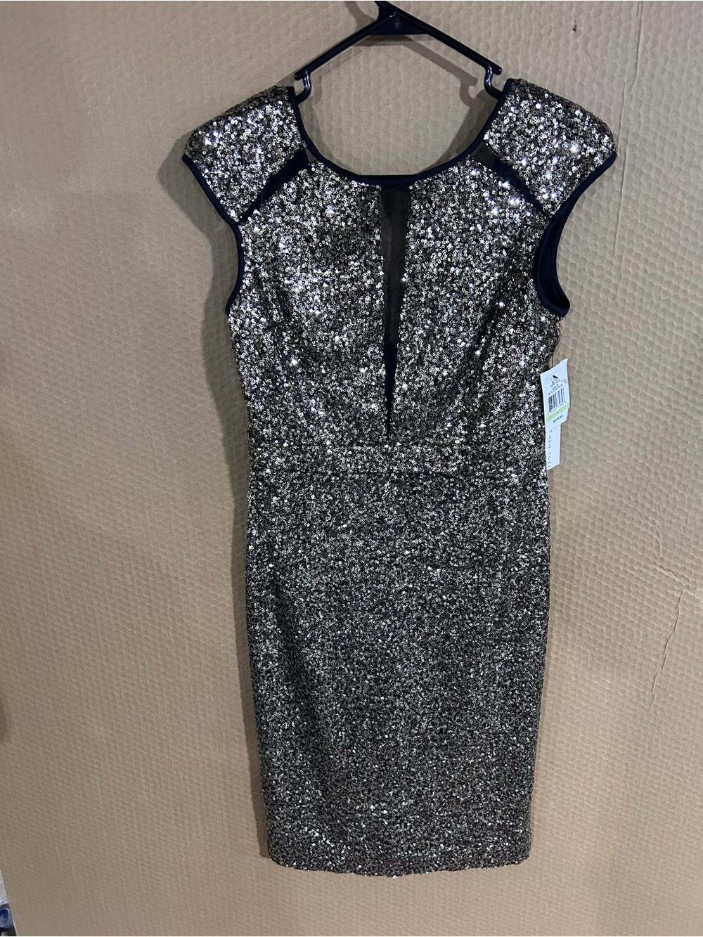 Nicole Miller Silver Sequin Midi Dress with Deep V-Back